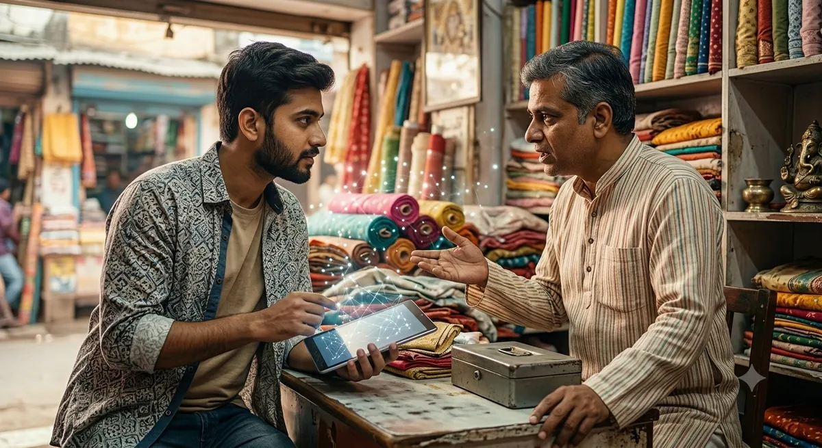A specialist showing insights on a tablet to a shop owner in his store