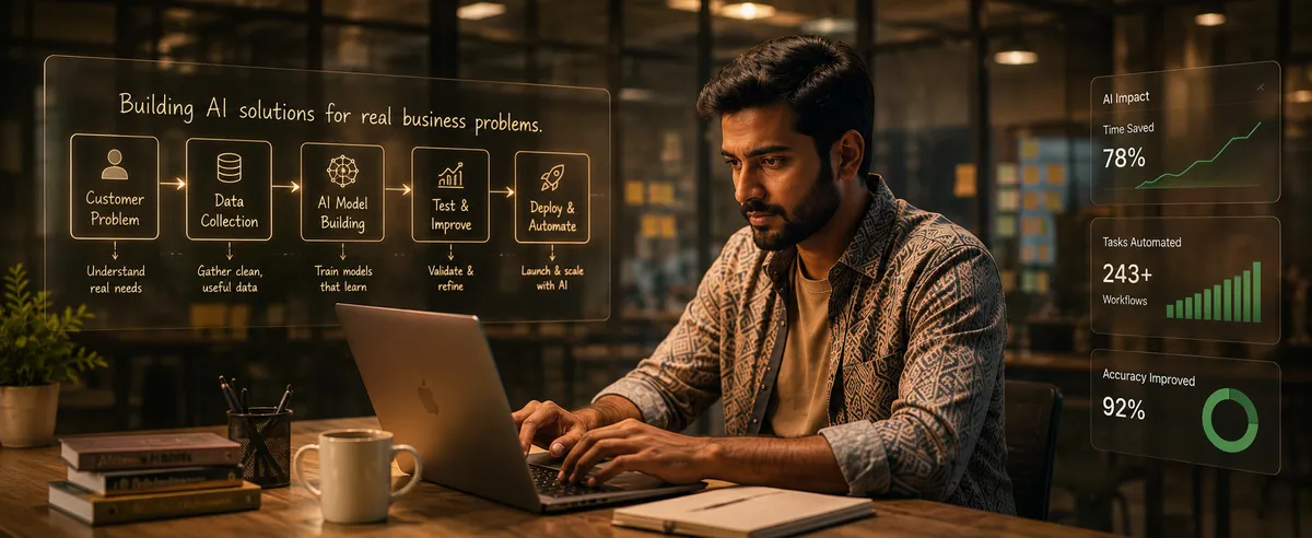 A specialist building an AI solution on a laptop, workflow mapped out beside them